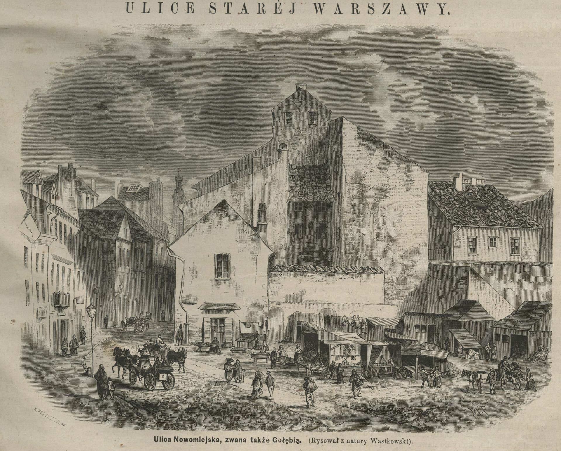 1869 ulica Nowomiejska, zwana także Gołębią; rysował z natury Wastkowski; źródło MBC