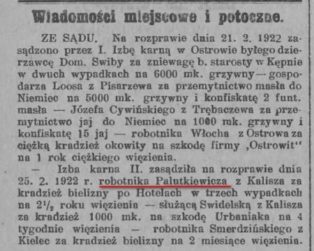"Orędownik Ostrowski" z roku 1922 notka - kradzież bielizny w Kaliszu przez Palutkiewicza